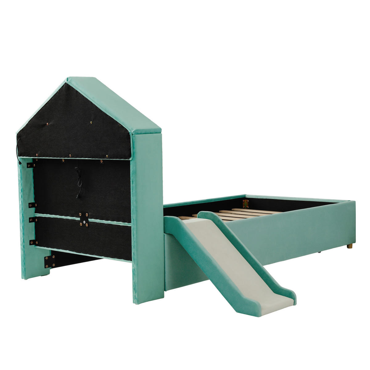 SPIELBETT 90/200 cm mit Rutsche und LED, DE-41740, in Blaugrün - Türkis, Holzwerkstoff (90/200cm) - ComfortXL