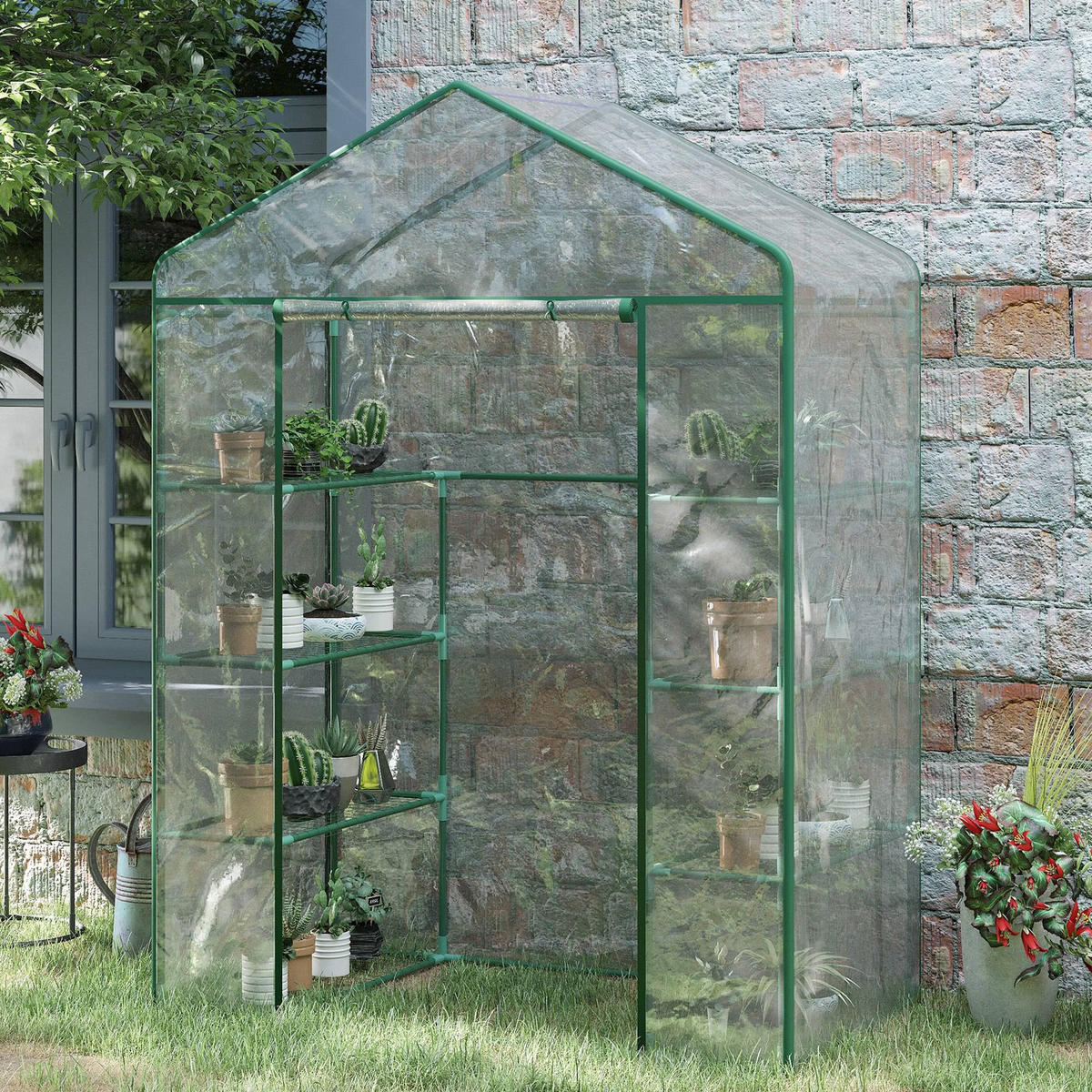 GEWÄCHSHAUS DE-11927 mit 4 Etagen & Tür Transparent - Dunkelgrün, Kunststoff (73/195/143cm) - ComfortXL