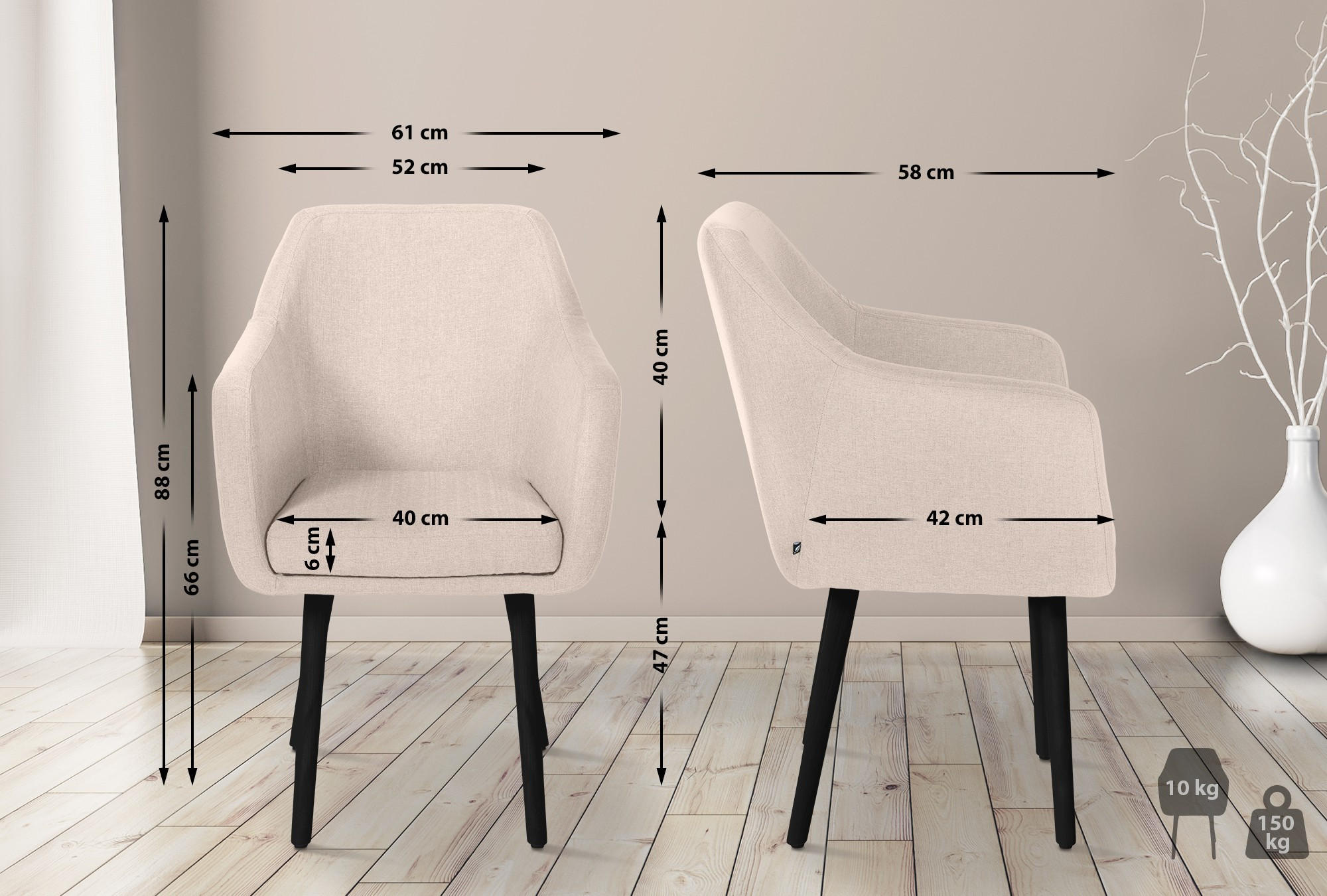 ARMLEHNENSTUHL Stoff beige - Beige/Schwarz, Holz/Textil (61/88/57.5cm) - CLP