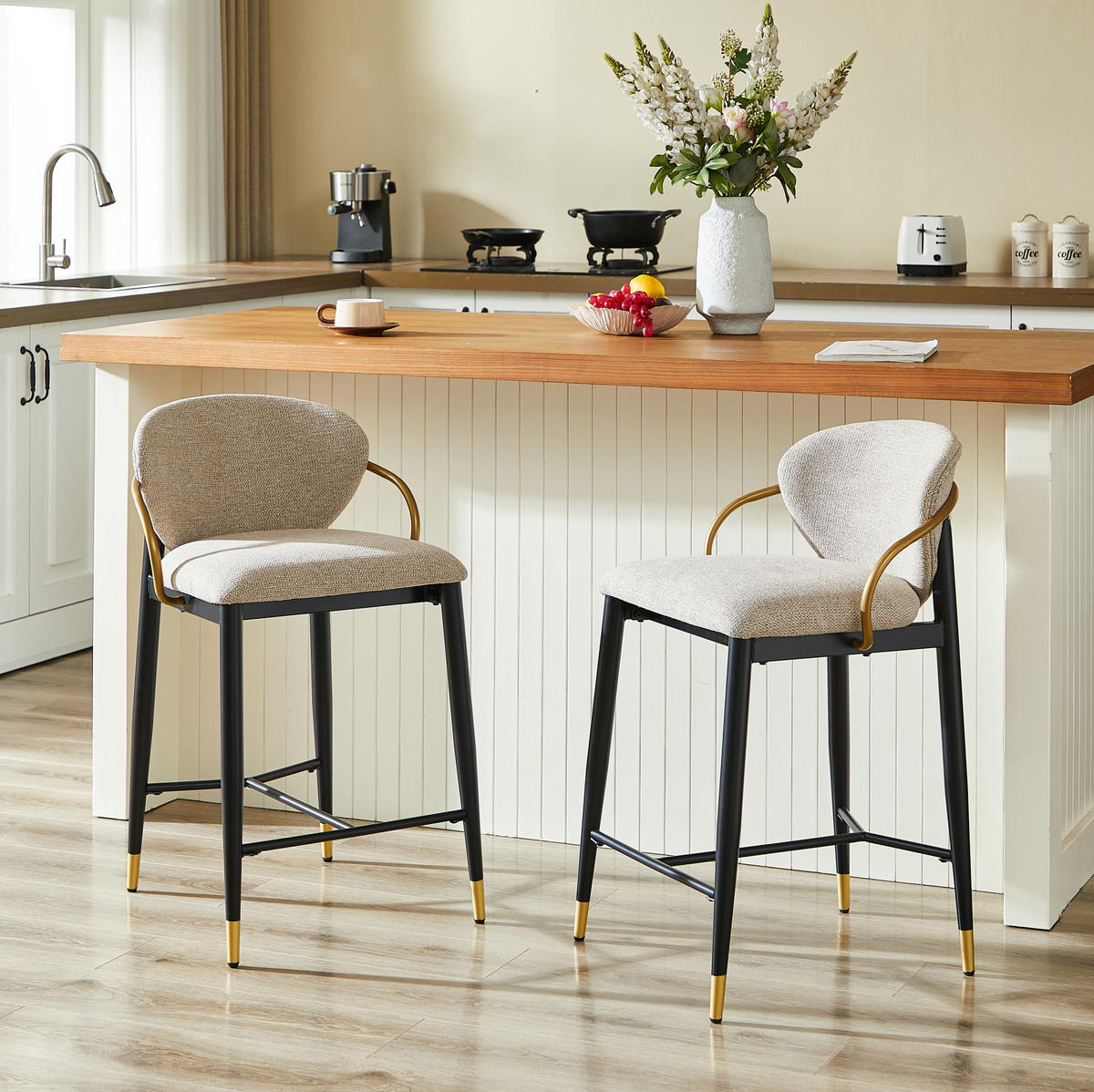 BARHOCKER 2er-Set mit Rückenlehne Chenille Hellbraun Schwarz-Gold - Hellbraun, Metall (52/87/57cm) - Meubliv