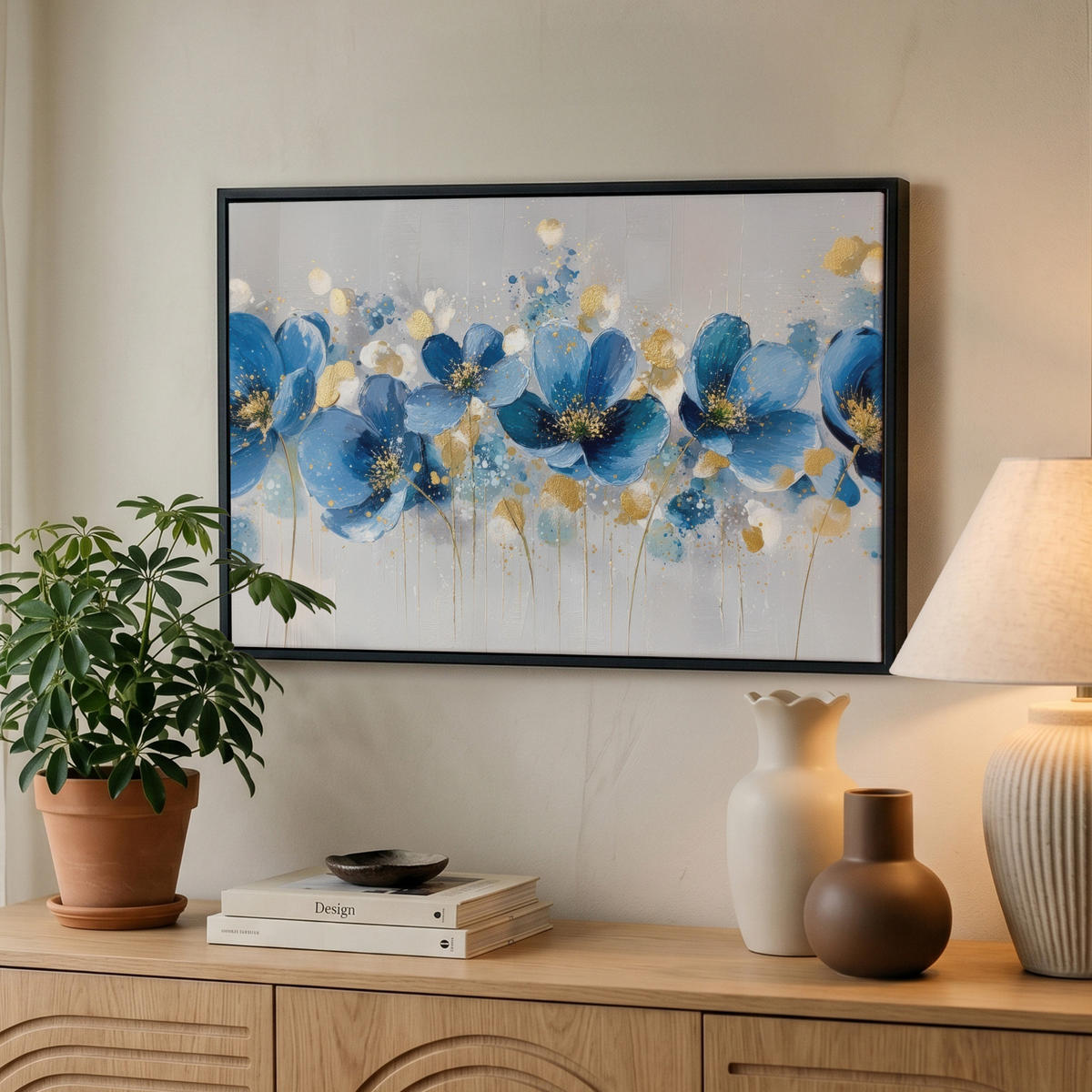 LEINWAND Bilder mit Rahmen - Blumen - Blau - Abstrakt - 60x40 - Hellgrau, Textil (60/40cm) - MuchoWow