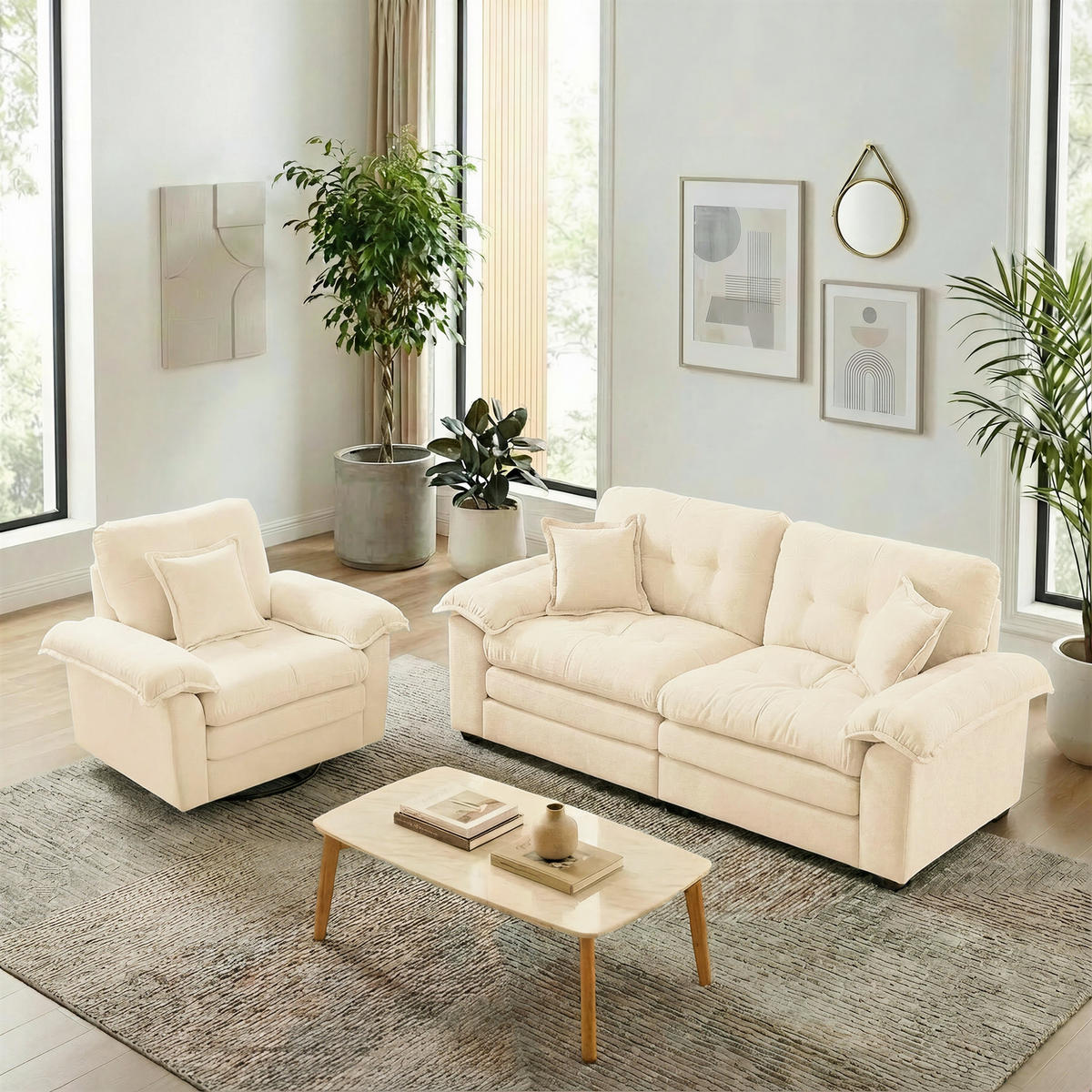 SITZGARNITUR DE-35196 2-teilig mit Tiefsitz Grün - Beige, Holzwerkstoff (90/87.6/213cm) - ComfortXL