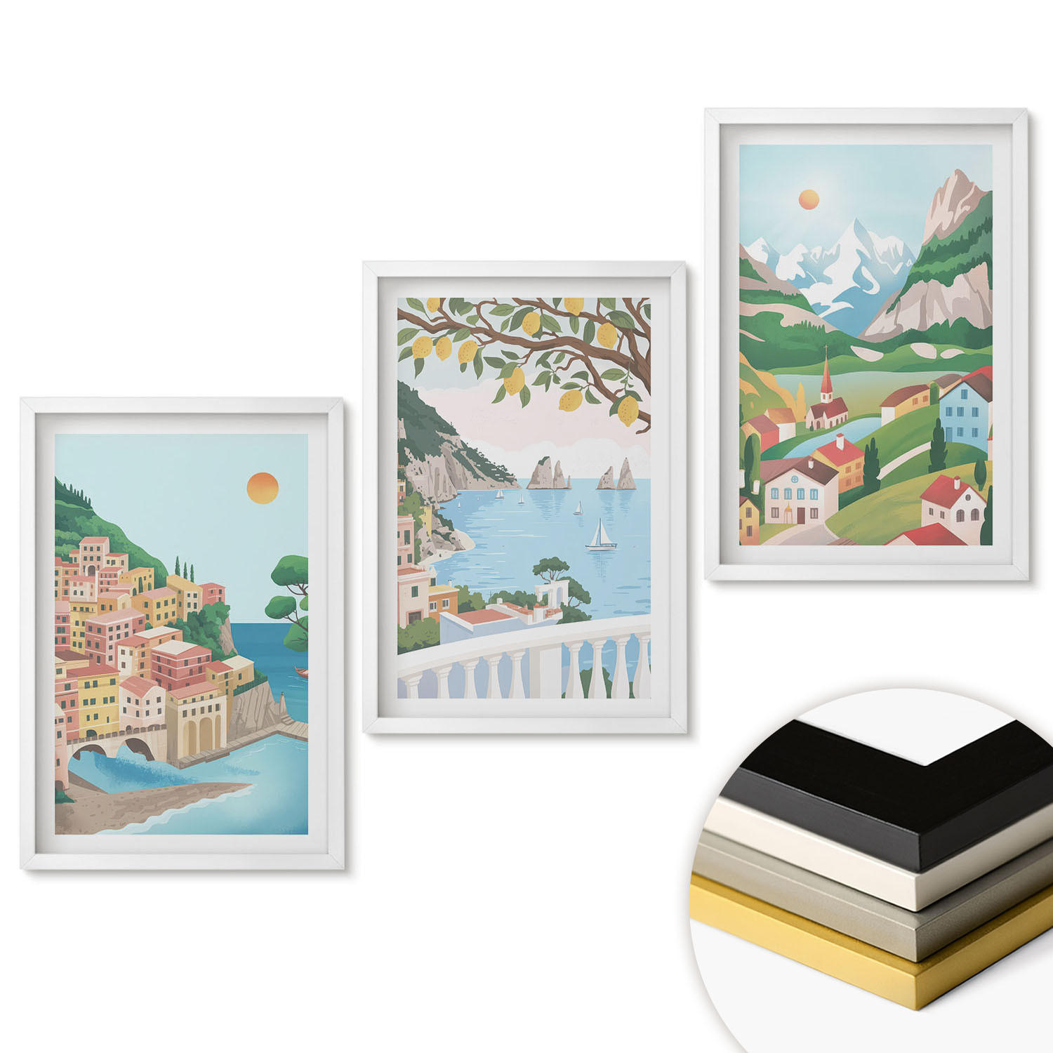 WANDBILDER 3er-Set - 40x60 cm Weißer Rahmen - Pastellfarbene Küstenansichten - Weiß, Kunststoff (40/60cm) - ArtPrintCave