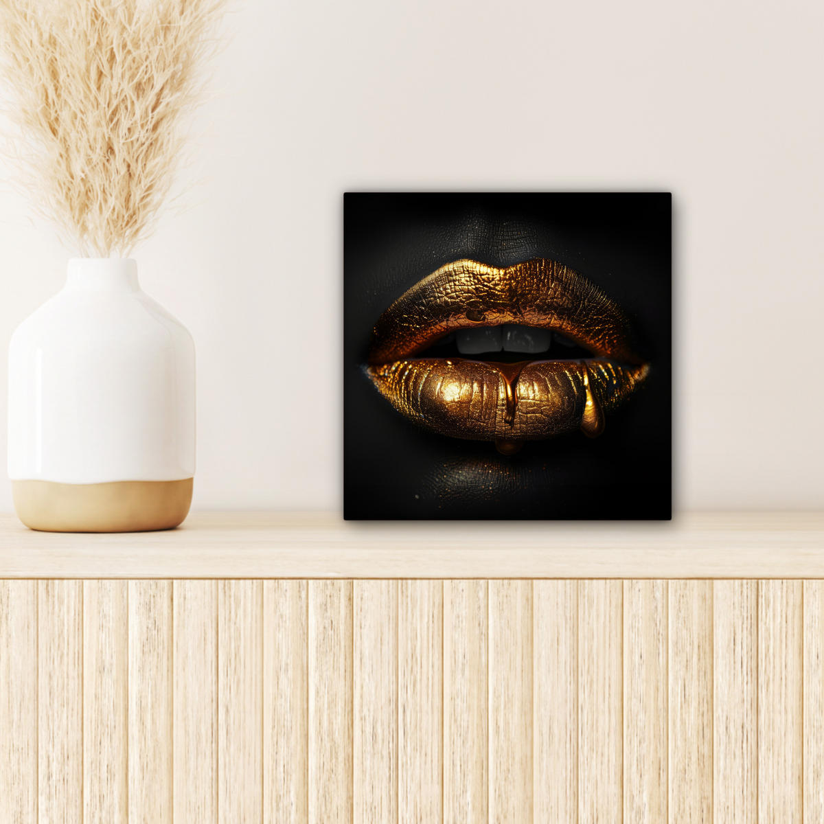 LEINWANDBILD Frau - Porträt - Lippen - Gold - Schwarz Deko Wohnzimmer 20x20 cm - Schwarz, Textil (20/20cm) - MuchoWow