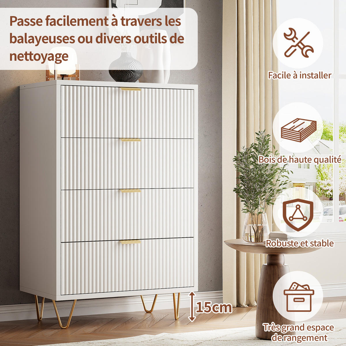 KOMMODE 91x34x60 cm 4 Schubladen Goldbeine weiß - Weiß, Holz (34/91/60cm) - Fortuna Lai