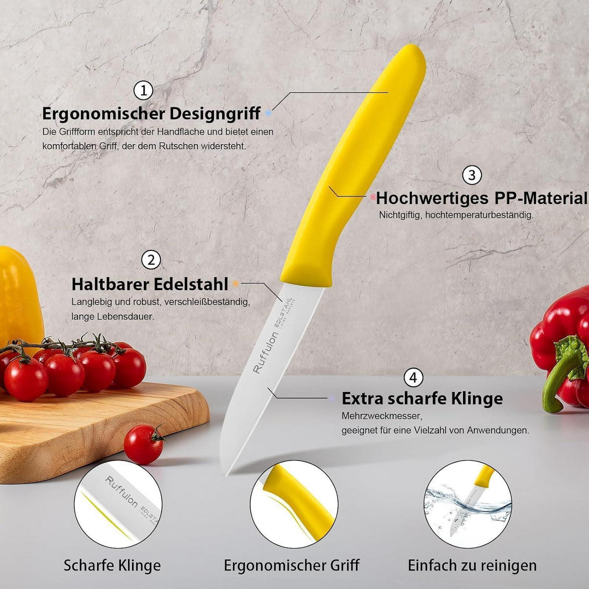 SCHÄLMESSER 6-teiliges Set Gelb Kunststoffgriff Edelstahl Klinge 3 Zoll - Goldfarben, Metall (19cm)
