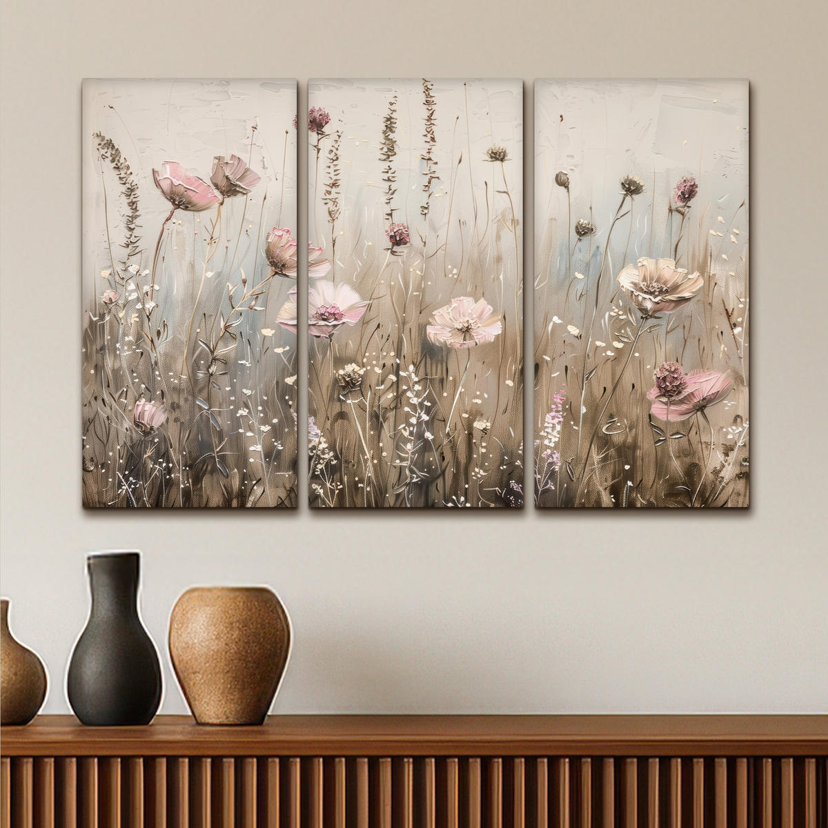 LEINWANDBILD 3er Set Blumen - Beige - Modern - Rosa 90x60 cm - Ecru, Textil (90/60cm) - MuchoWow