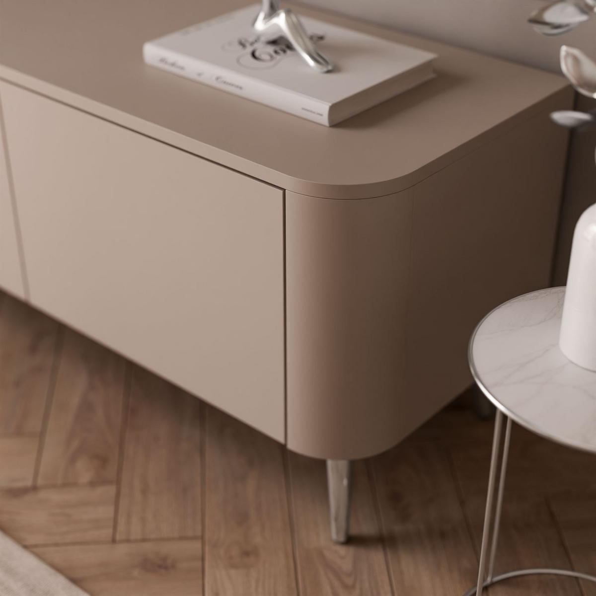 TV-SCHRANK CELESTE PUSH OPEN mit Beleuchtung auf Schräge chromfarbene Füßen - Kaschmir, Holzwerkstoff (200/46.5/40cm) - Lookway