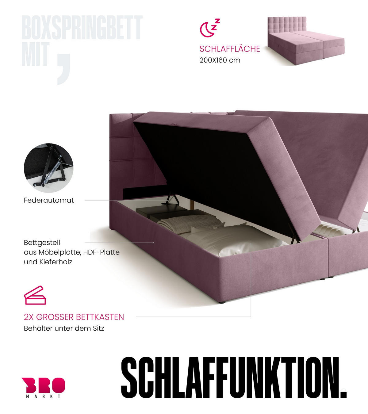 BOXBETT Detroit mit Topper 160/200 Rosa - Rosa, Holzwerkstoff/Textil (160/200cm) - Bromarkt