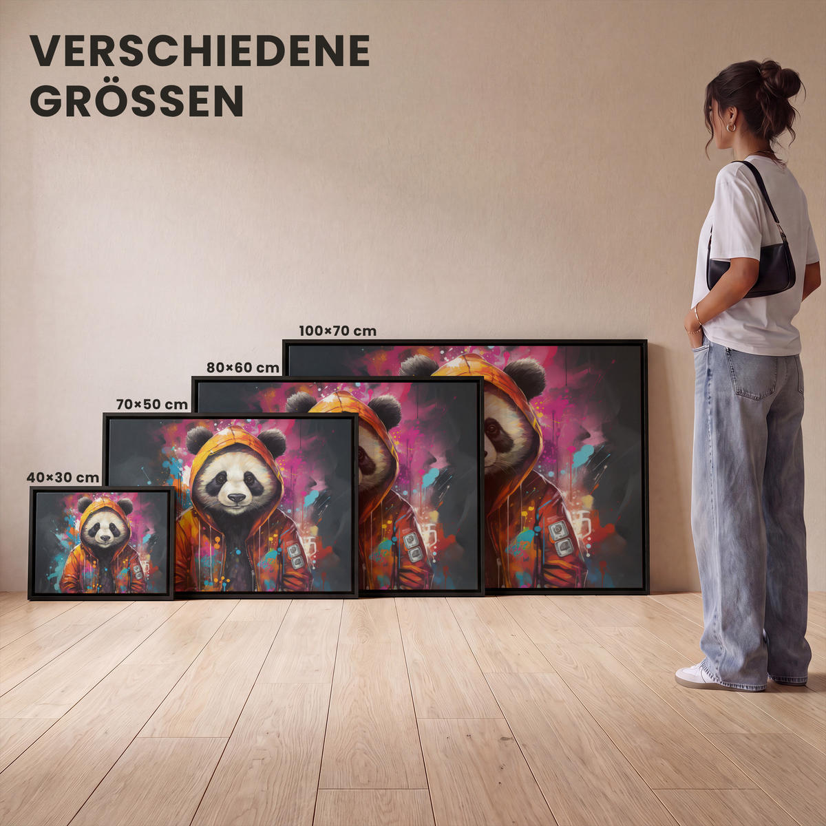 LEINWAND Bilder mit Rahmen - Panda - Jacke - Graffiti - Orange - 40x30 - Orange, Textil (40/30cm) - MuchoWow