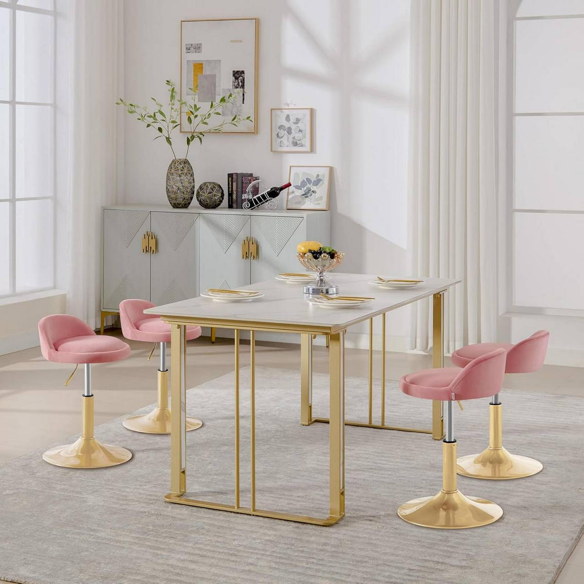 BARHOCKER 2er Set Drehhocker, Samt, Rosa+Gold - Goldfarben/Rosa, Kunststoff/Textil (38.5/49.5/43cm) - Woltu