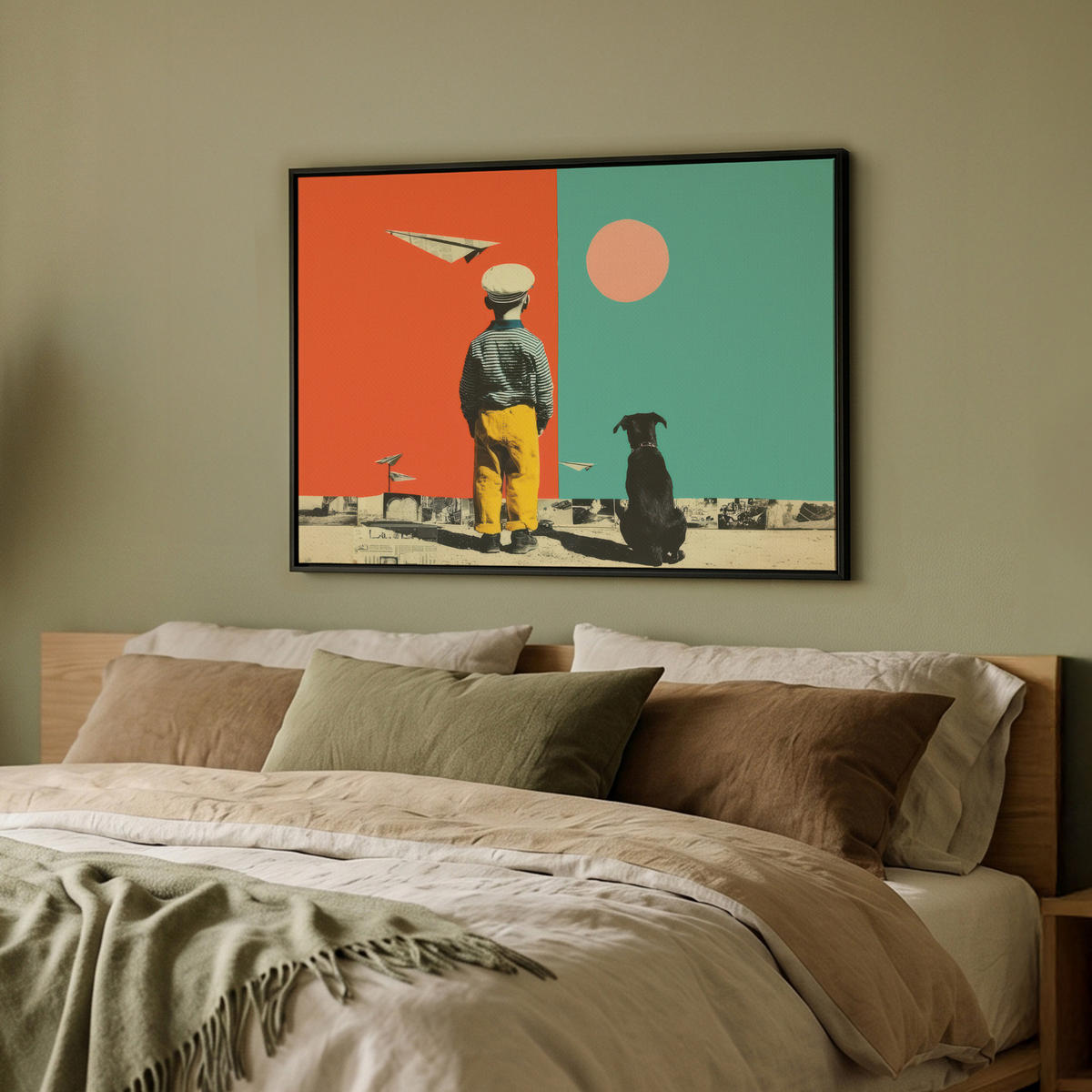 LEINWAND Bilder mit Rahmen - Retro - Junge - Hund - Rot - Grün - 70x50 - Orange, Textil (70/50cm) - MuchoWow