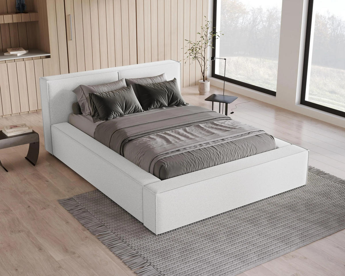 POLSTERBETT Lugano 140x200 cm mit Bettkasten und elegantem Kopfteil - Bouclé Weiß - Weiß, Holz/Textil (140/200cm) - Chilly