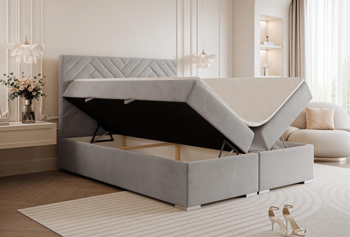 BOXBETT NEREA 160/200 cm mit Matratze und Topper, Hellgrau - Hellgrau, Textil (160/200cm) - Idohome