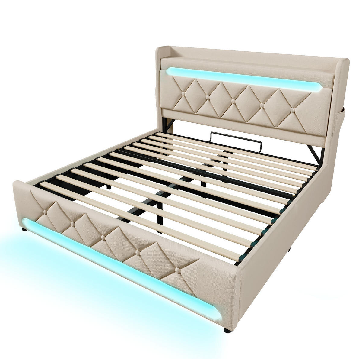 POLSTERBETT 180/200 cm Beige aus Leinen mit Stauraum, LED und USB - Beige, Textil (180/200cm) - Flora Grace