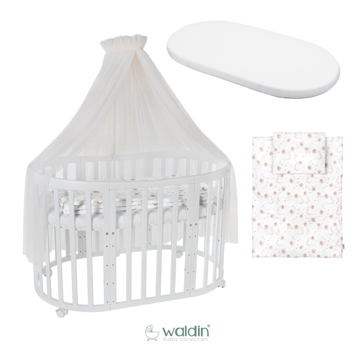 BABYBETT WHITE OVAL 7in1 mit Matratze und Himmelset - Champagner/Weiß, Holz/Textil