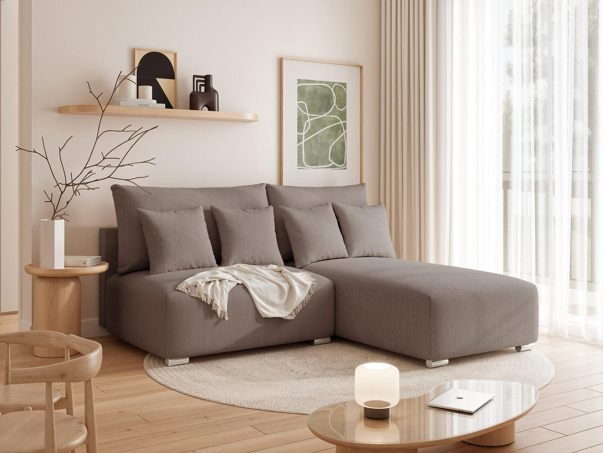 ECKSOFA ELVO mit Schlaffunktion und Bettkasten Dunkelbeige - Taupe, Holzwerkstoff/Kunststoff (208/190cm) - Idohome