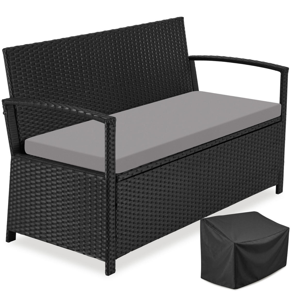 RATTAN-GARTENBANK Vecchia, 128 x 56 x 77,5 cm, inklusive Schutzhülle, schwarz - Schwarz, Kunststoff (128/77.5/56cm) - tectake