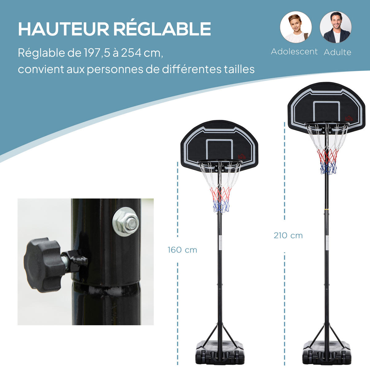BASKETBALLKORB DE-18523 höhenverstellbar 197,5-254 cm Schwarz - Schwarz, Metall (48/76cm) - ComfortXL