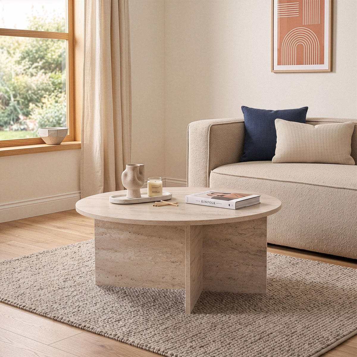 SOFFBORD med rundad skiva, 90 cm långt - SOLEIL - Beige, Träbaserade material (95/90/40cm) - Calicosy