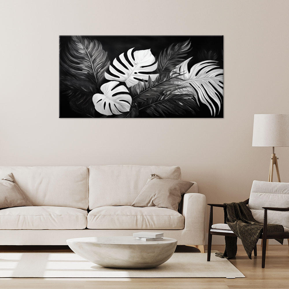 WANDBILD monstera blätter schwarz und weiß - Schwarz, Textil (80/40cm) - Feeby