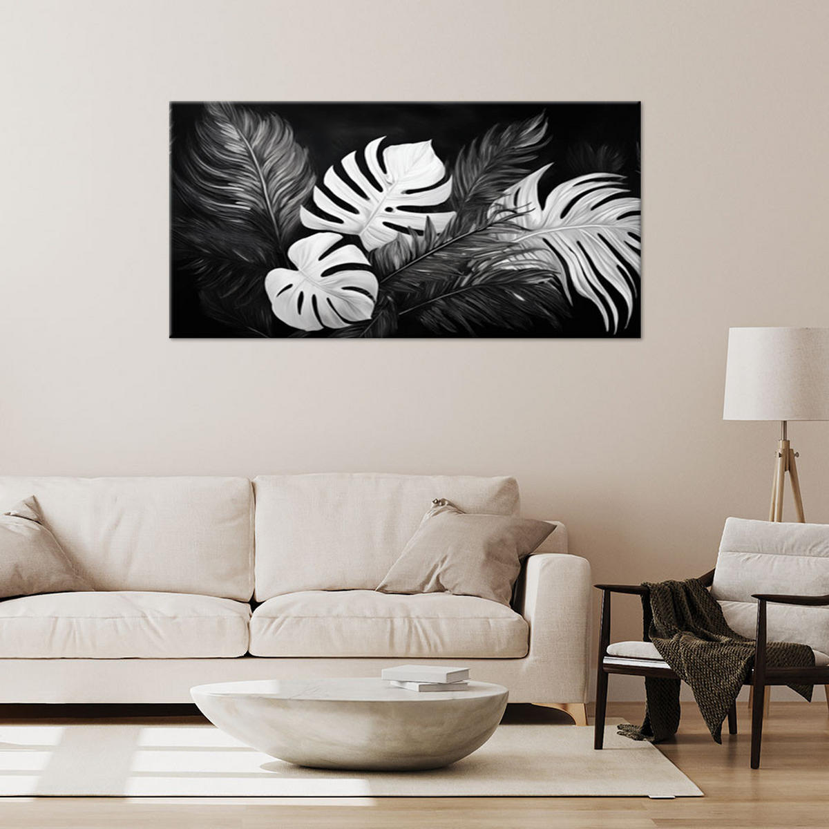 WANDBILD monstera blätter schwarz und weiß - Schwarz, Textil (100/50cm) - Feeby