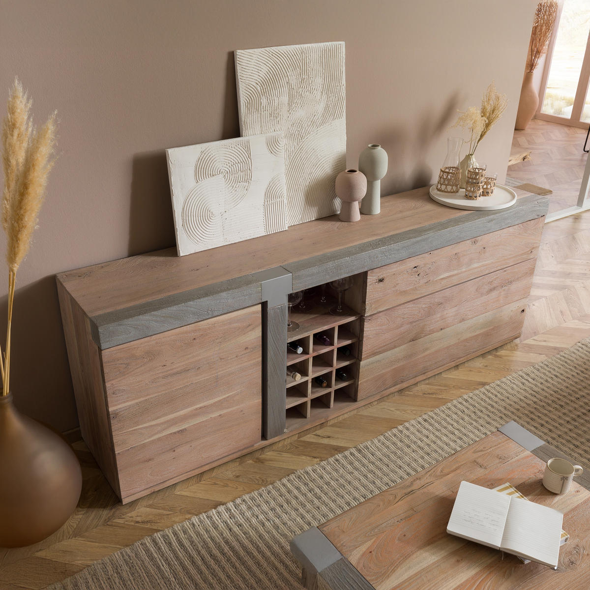 SIDEBOARD Akazie 215x45x75 beige lackiert Amsterdam #129 - Beige, Holz (215/75/45cm) - Massivmoebel24