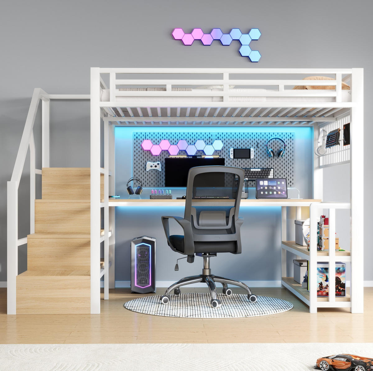 HOCHBETT mit Schreibtisch 140/200 cm in Weiß – mit Stauraum, LED und USB - Weiß, Metall (140/200cm) - BEAOK