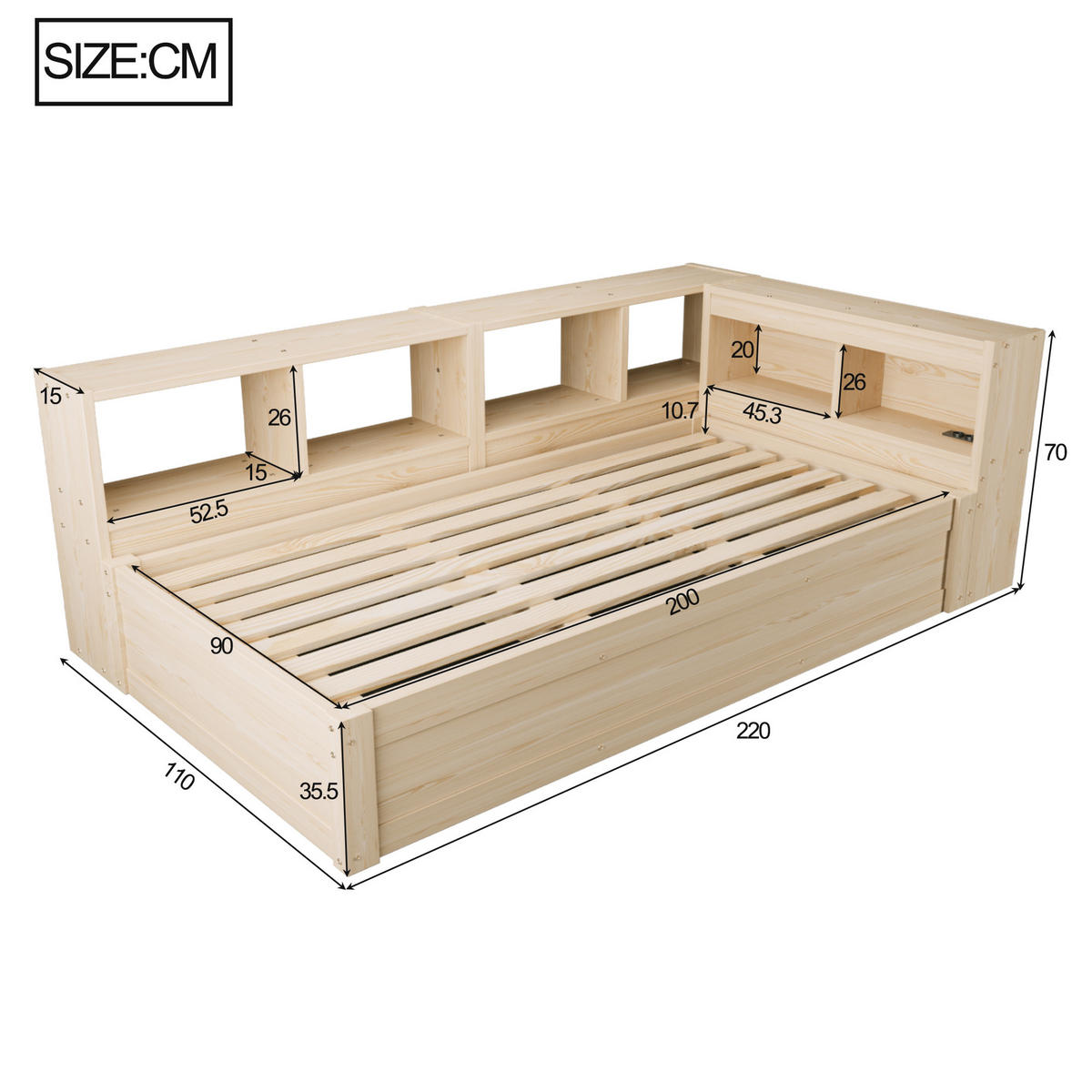 SCHLAFSOFA 90x200cm LED Stauraum Steckdose Massivholz - Naturfarben, Holzwerkstoff (90/200cm) - FLIEKS