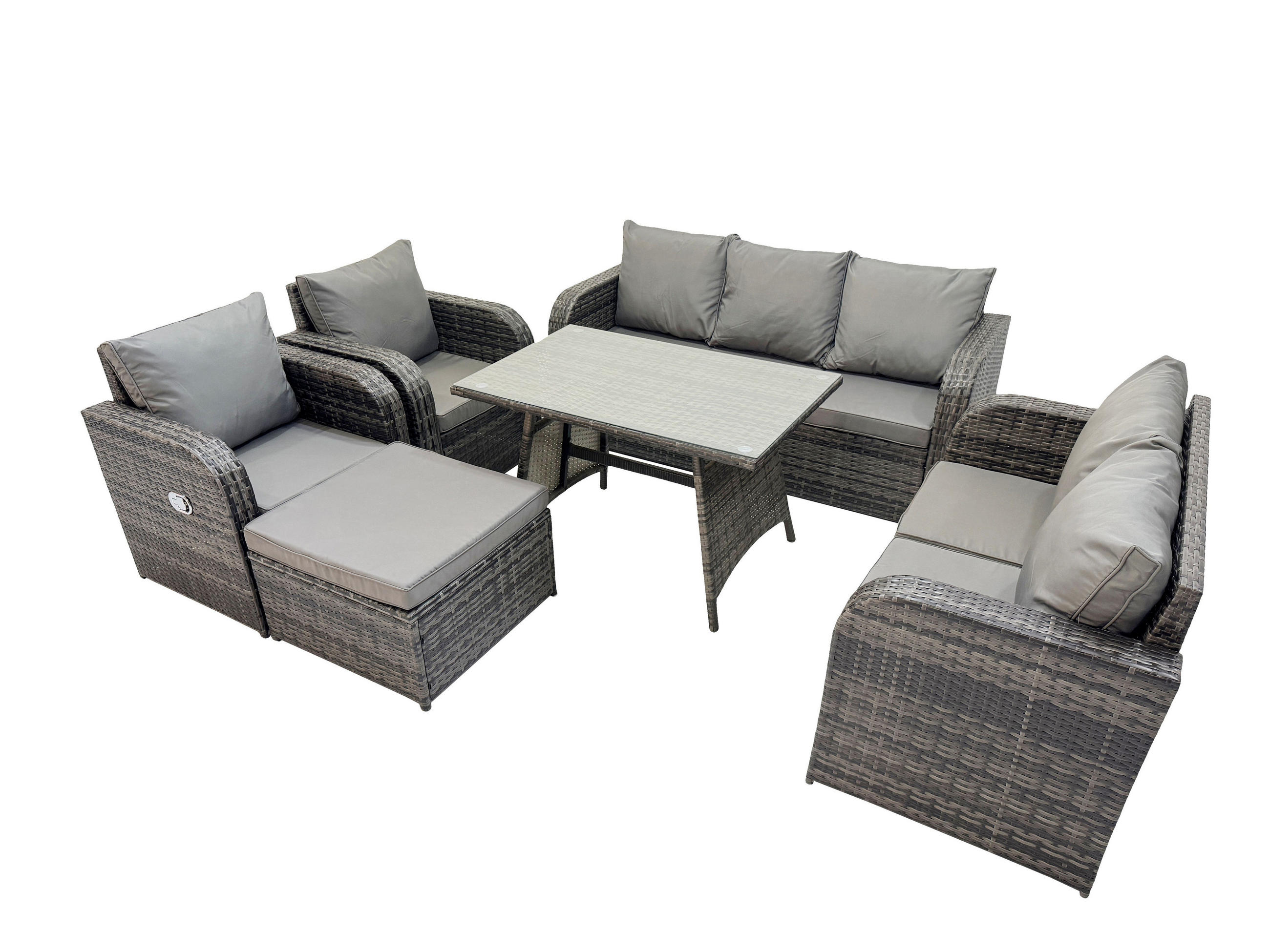 GARTENMÖBEL SET Polyrattan Dunkelgrau 8-Sitzer - Dunkelgrau/Grau, Glas/Kunststoff - Fimous