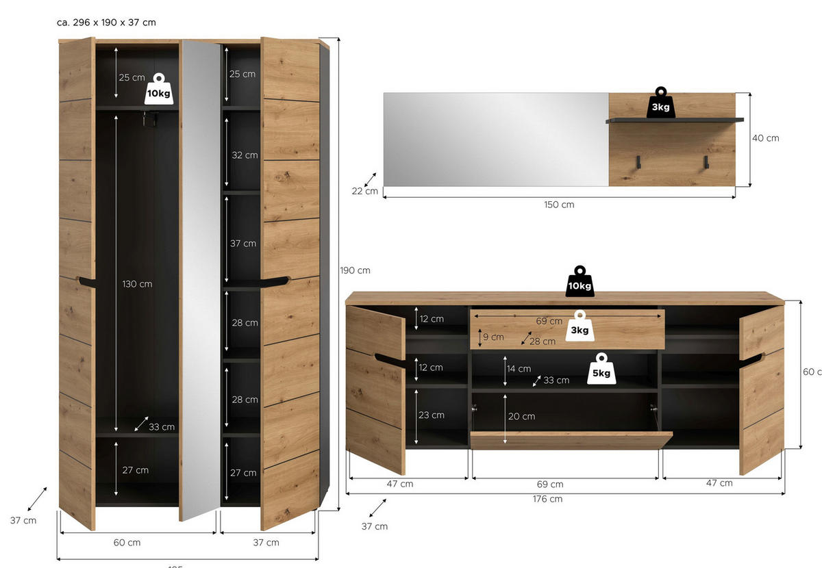 GARDEROBEN-SET Canu Artisan 296/37/190 cm - Grau, Holzwerkstoff (296/190/37cm) - Xonox