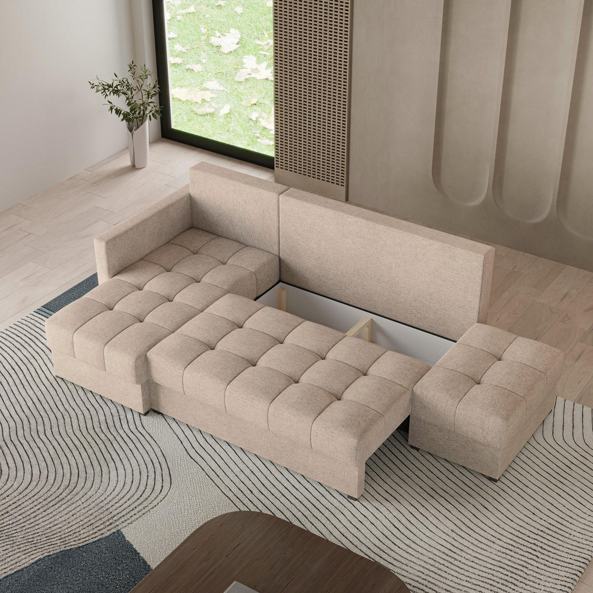 ECKSOFA LUMARI L-S Beige Plüsch-Stoff mit Schlaffunktion - Beige, Holz (262/143cm) - MASSENO