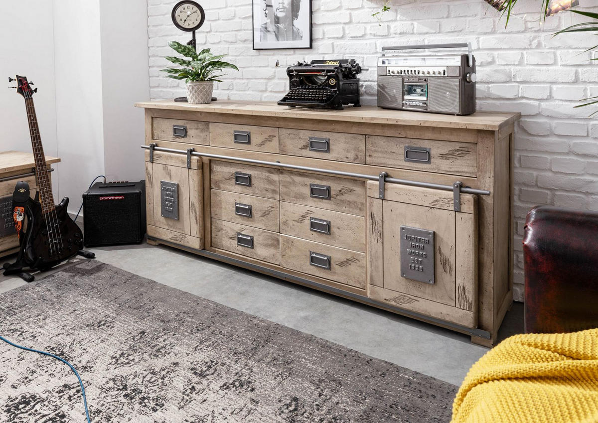 SIDEBOARD Mango 200x45x90 whitewash lackiert RAILWAY #322 - Beige, Holz (200/90/45cm) - Massivmoebel24
