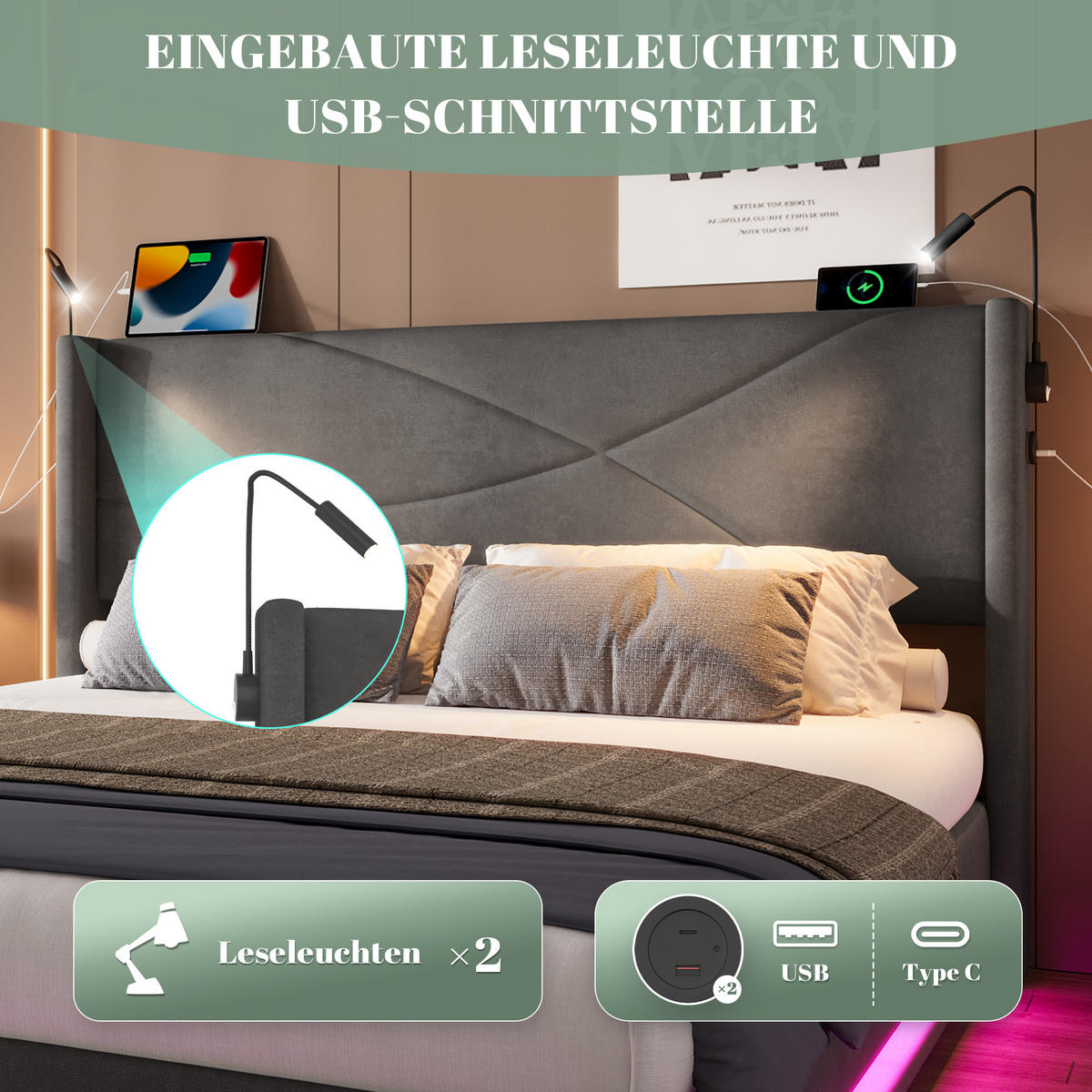 POLSTERBETT 160x200 cm LED USB Stauraum - Grau, Textil (160/200cm) - LEBENLANG