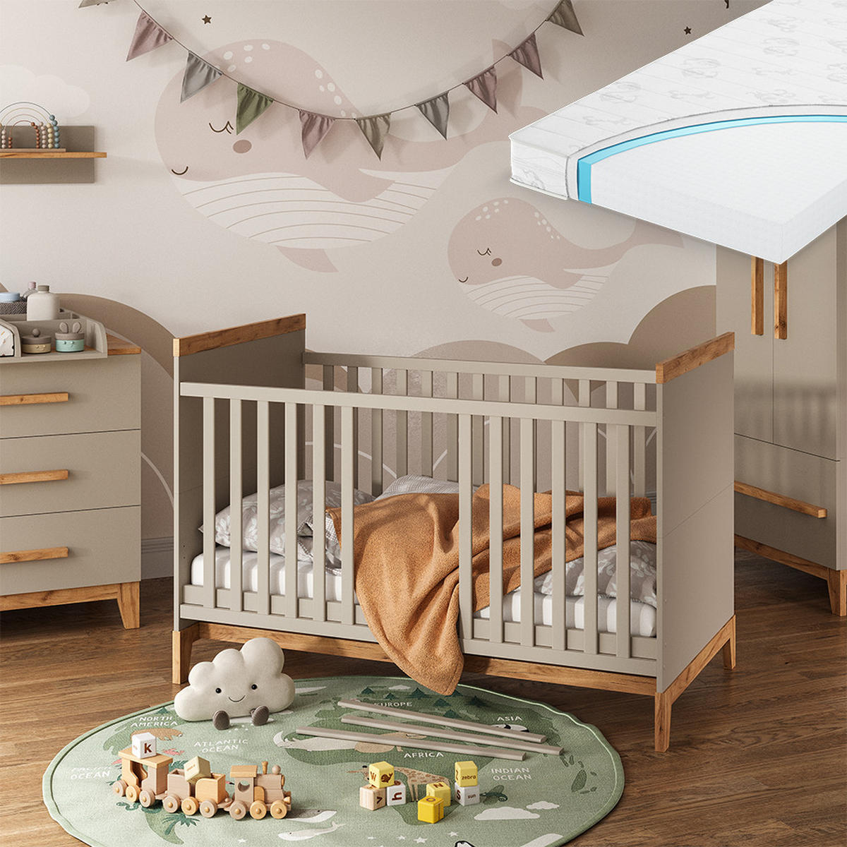 DĚTSKÁ POSTÝLKA Malia Kašmír/Řemeselné - kašmírová/světle šedá, kompozitní dřevo - VitaliSpa