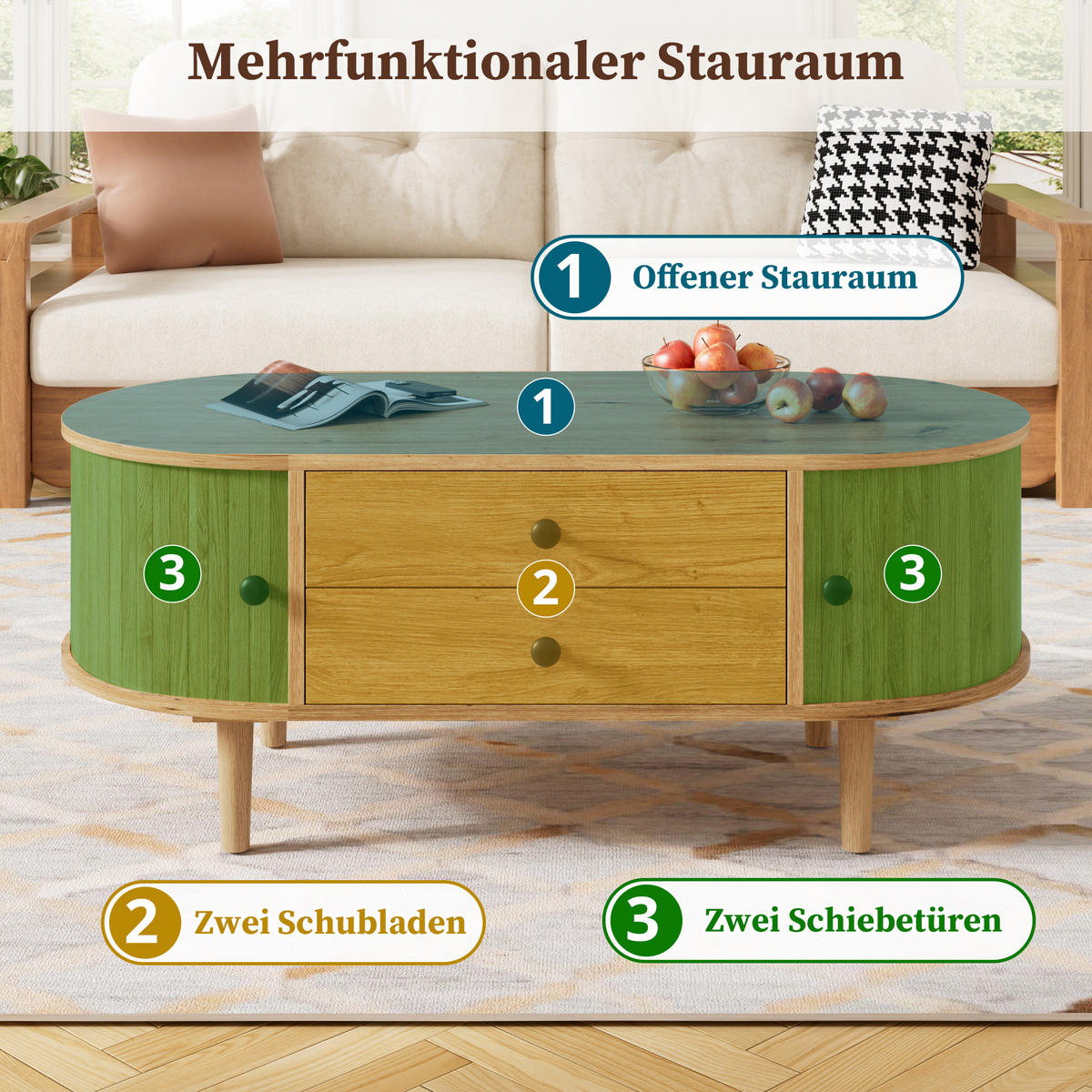 COUCHTISCH Oval Leisten Schiebetüren 2 Schubladen MDF - Eichefarben, Holzwerkstoff (100/50/40cm) - FLIEKS