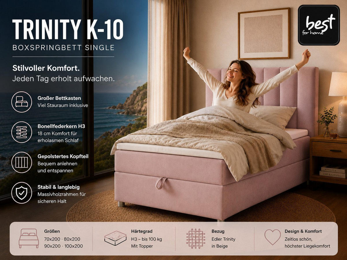 BOXBETT mit Bettkasten Trinity K-10 SINGLE Bonellfederkern inkl. Topper - Rosa, Holz/Holzwerkstoff (90/200cm) - Best For Home