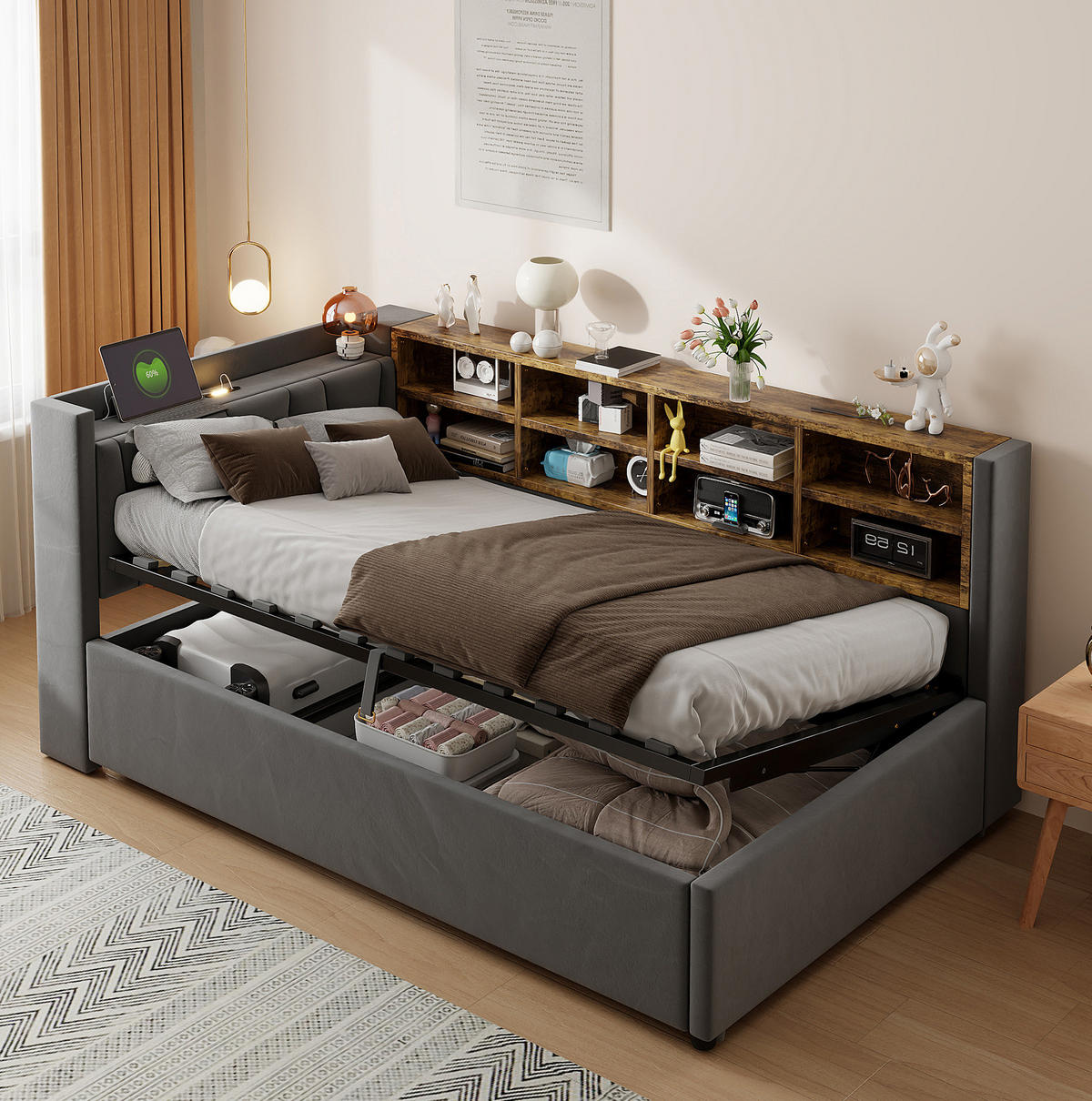 POLSTERBETT aus Samt 90x200 cm Grau mit hydraulischem Bettkasten, Nachtlicht und USB-/Typ-C-Anschluss - Grau, Textil (90/200cm) - Modfu