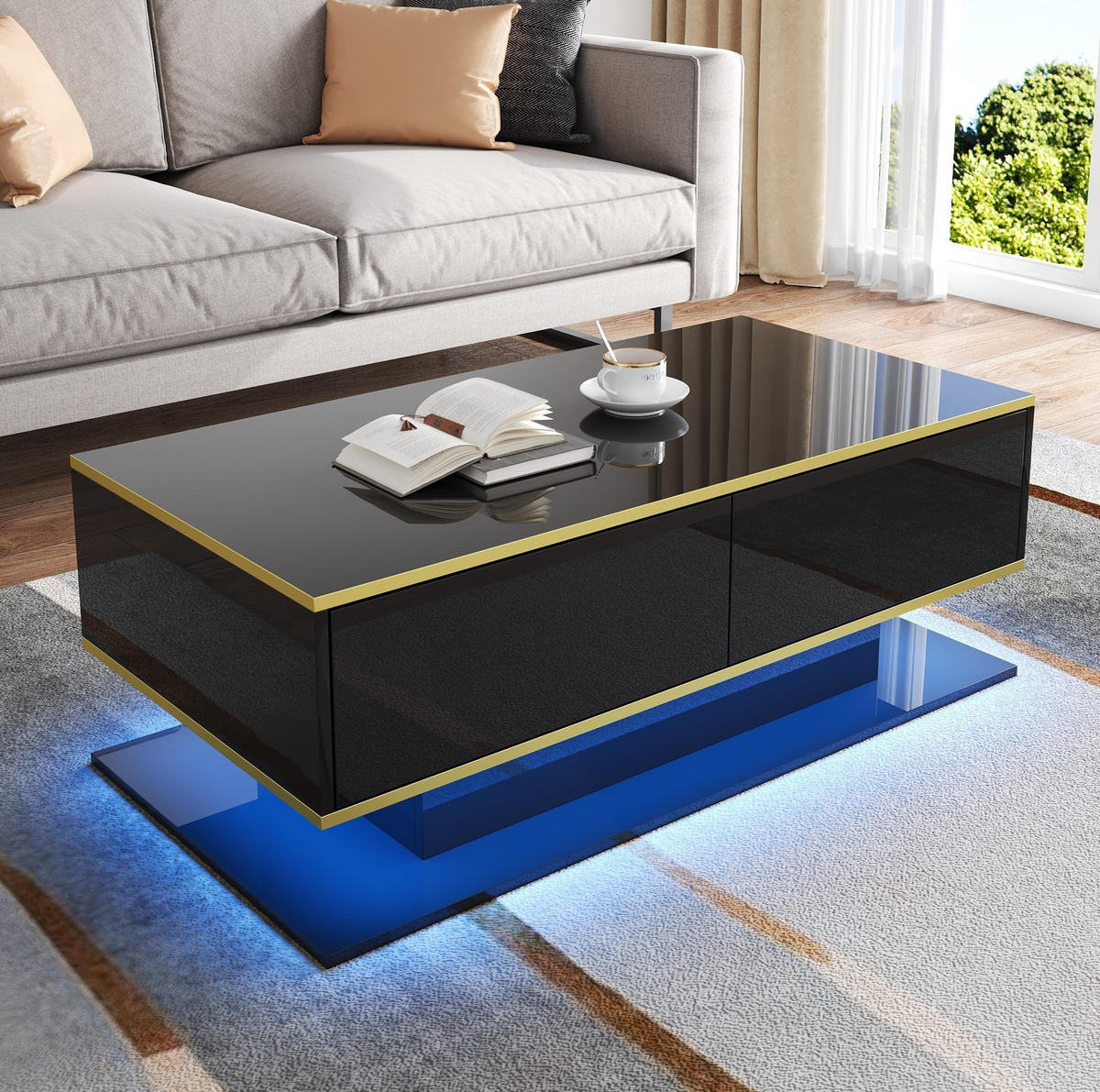 COUCHTISCH 100/50/40 cm in Schwarz/Gold mit LED-Beleuchtung und 3 Schubladen - Schwarz, Holzwerkstoff (100/50/40cm) - Flora Grace