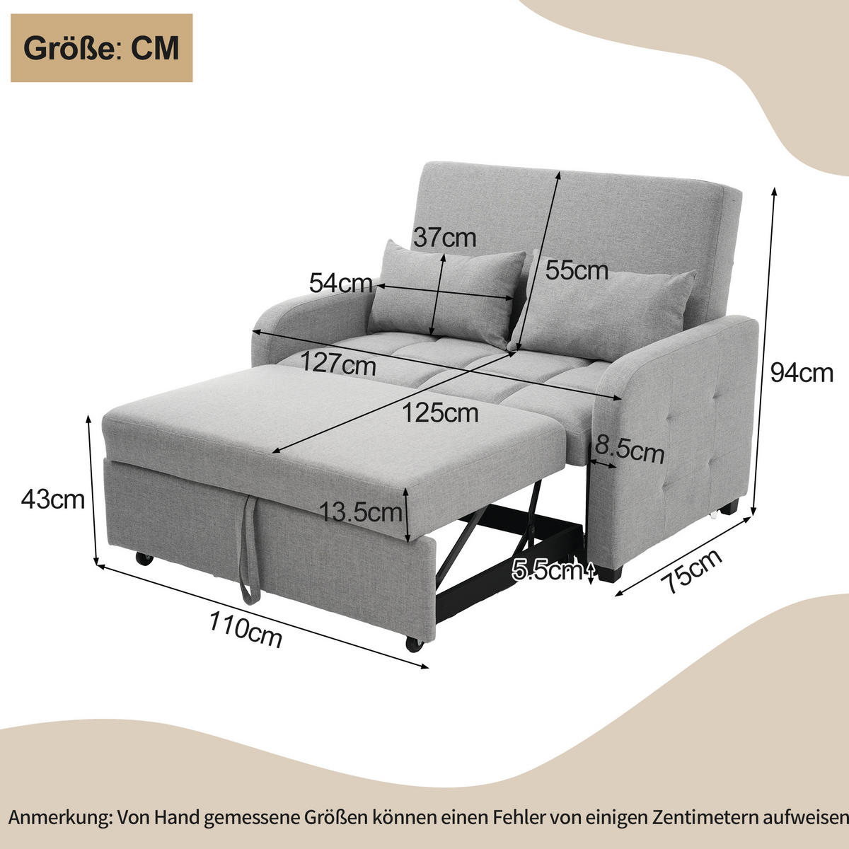 SCHLAFSOFA Baumwoll-Leinen mit verstellbarer Rückenlehne Antikgrau 127/75/94 cm - Grau, Textil (75/94/127cm) - Redom