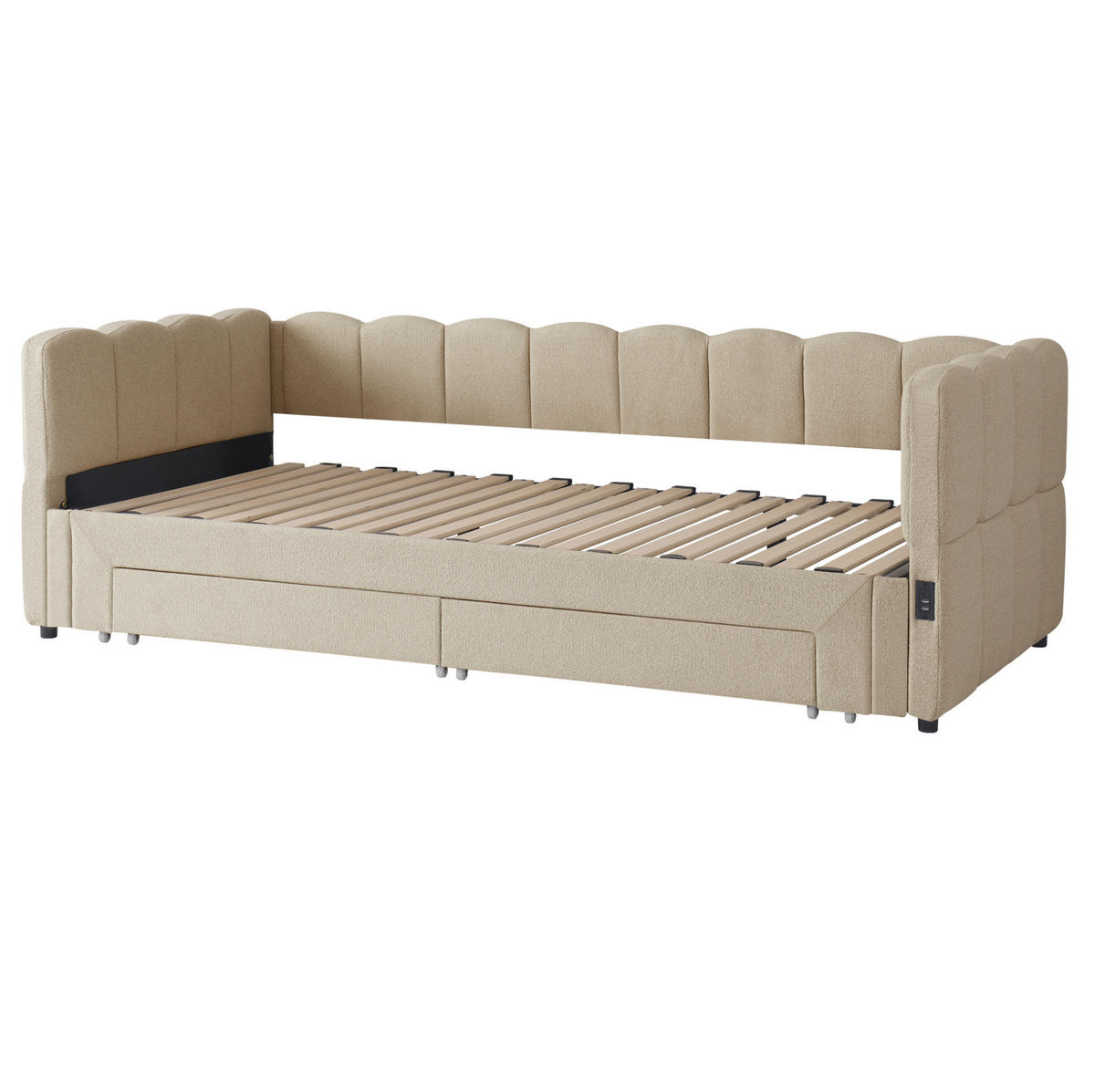 POLSTERBETT aus Chenille 90x200 cm in Beige mit Ausziehfunktion & USB - Beige, Textil (90/200cm) - Modfu