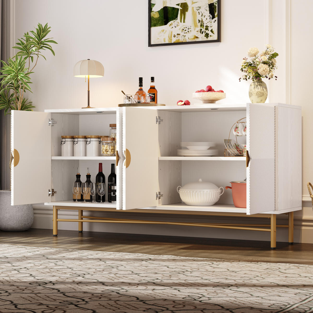 SIDEBOARD 160/40/82 cm mit 4 Türen in Weiß mit Strukturfronten & goldfarbenen Details - Weiß, Holzwerkstoff (160/82/40cm) - BEAOK