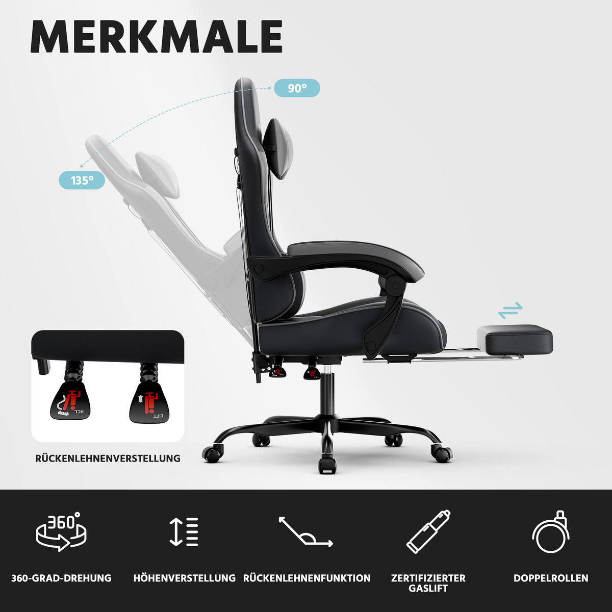 GAMINGSTUHL Schwarzgrau 58,5/63/120,5 cm - Schwarz, Metall (58.5/120.5/63cm) - PANGIVO