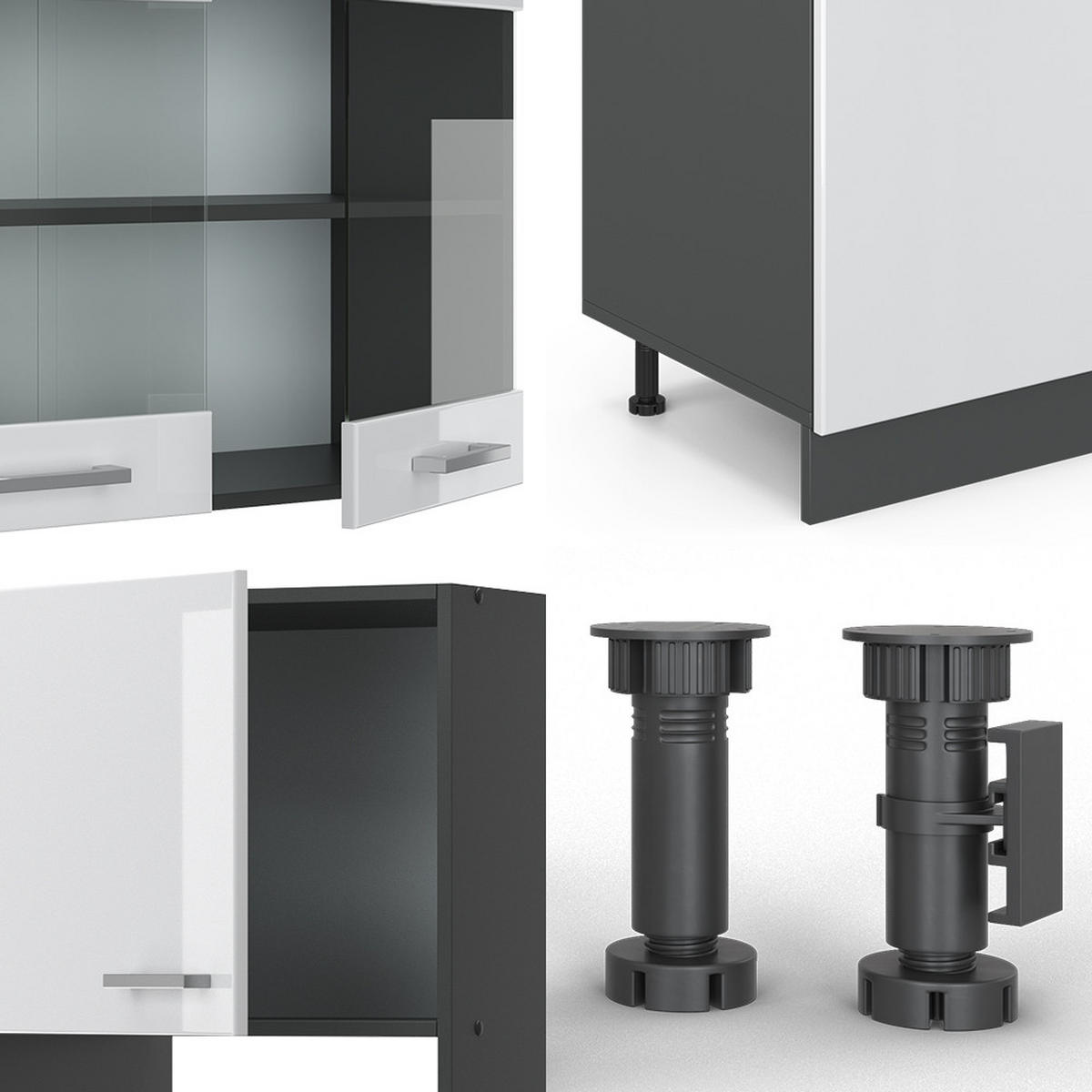 KÜCHENZEILE R-Line Weiß Hochglanz/Anthrazit 300 cm mit Hochschrank ohne AP - Weiß Hochglanz/Anthrazit, Holzwerkstoff (300/81.6/46cm) - Vicco