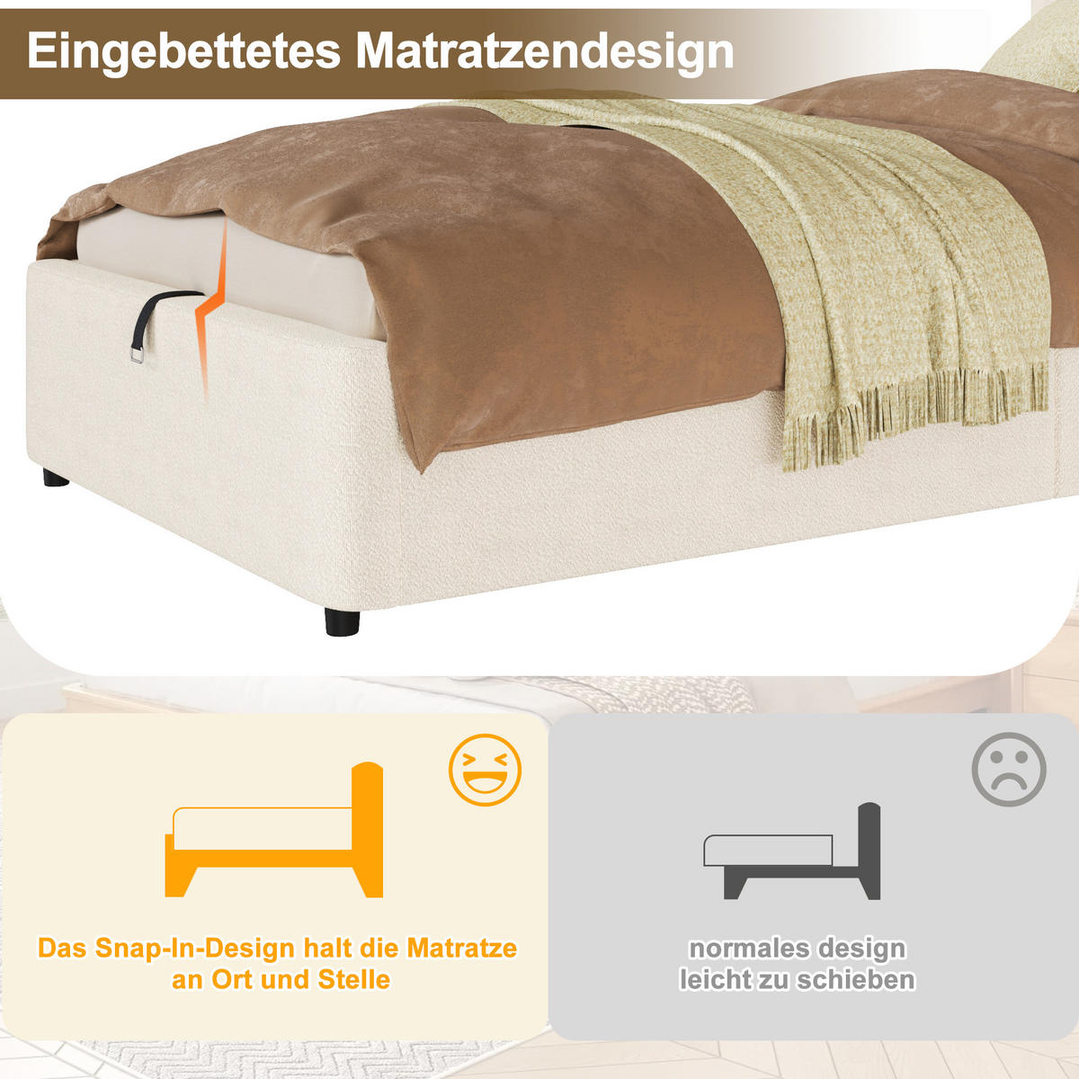 KINDERBETT Beige Bouclé 90x200 Hydraulik Stauraum Lattenrost - Beige, Leder (90/200cm) - FLIEKS