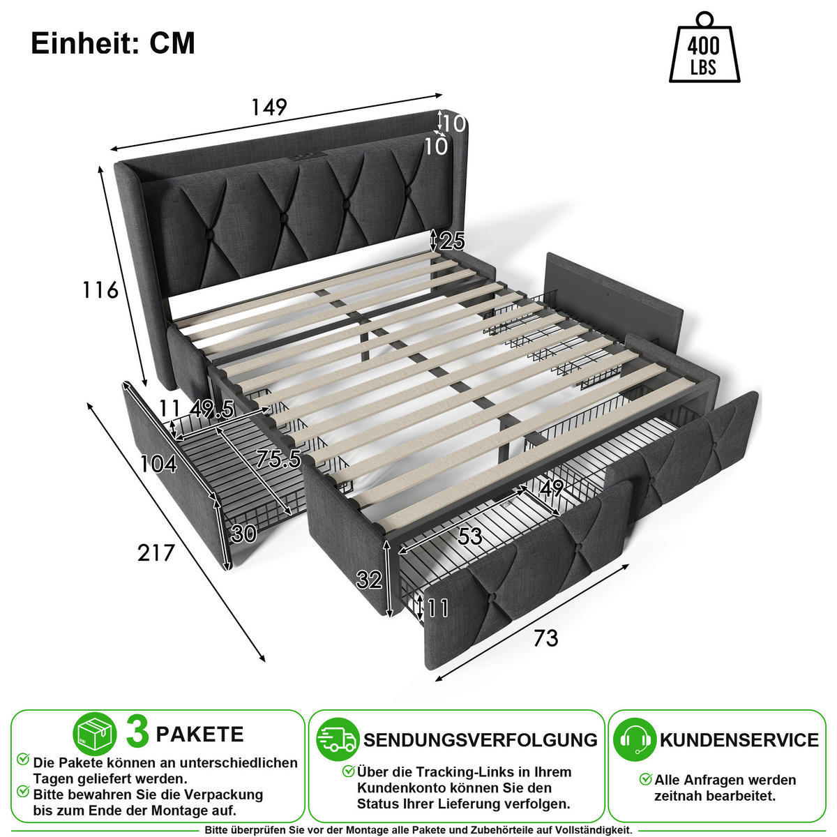 ČALOUNĚNÁ POSTEL 140/200 cm v šedé barvě se 4 zásuvkami, USB a zásuvkami - šedá, kov/kompozitní dřevo (140/200cm) - CHICFURN