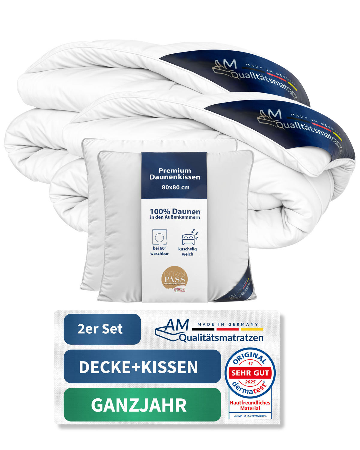 BETTWAREN SET Daunen Ganzjahr 155/220cm, Kissen 80/80 cm 2er Set - Weiß, Textil (155/220cm) - AM Qualitätsmatratzen