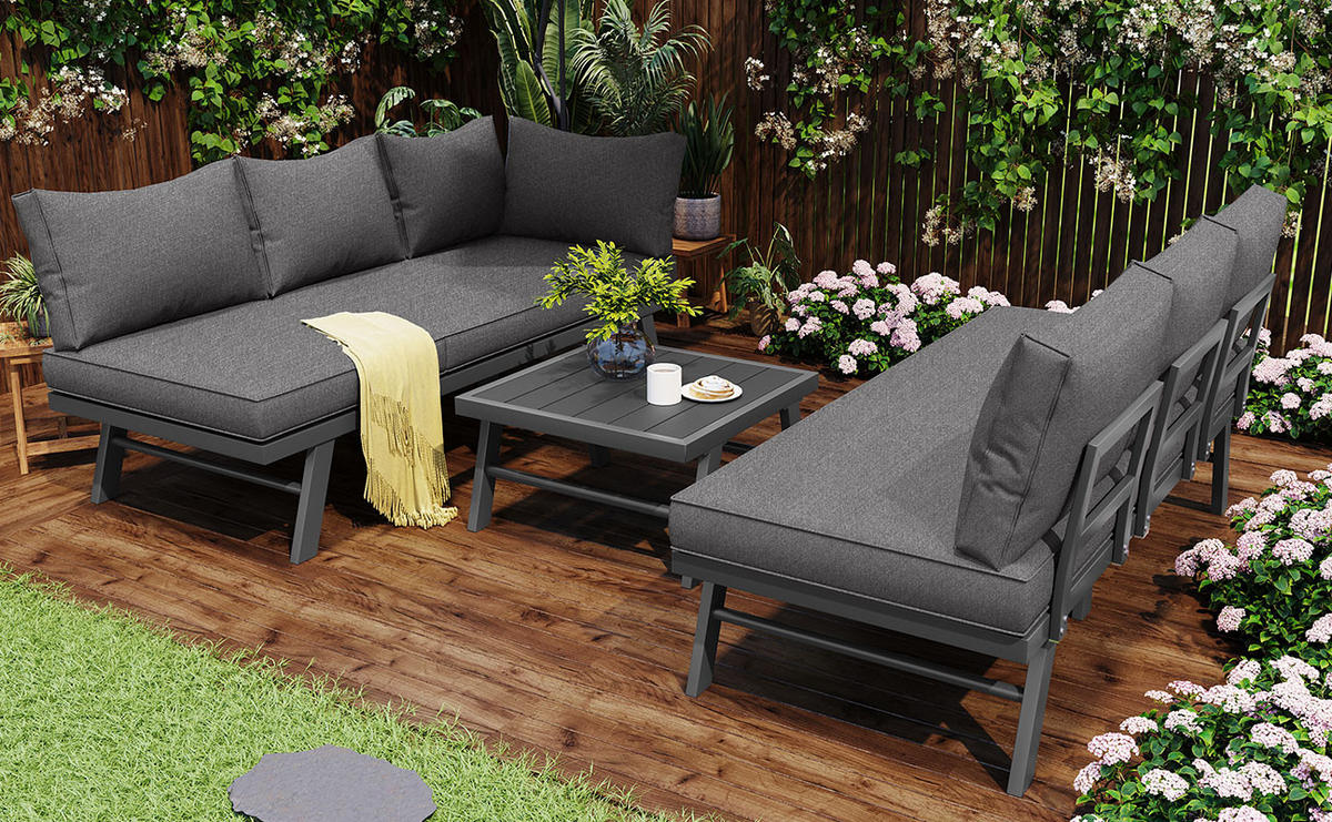 SITZGRUPPE Gartenmöbel-Set für 5-6 Personen – 2x 3-Sitzer Sofa & 1 Tisch, inkl. 7 grauen Kissen, dunkelgraues verzinktes Eisengestell mit Schutzfüßen - Grau, Metall - FOHERE