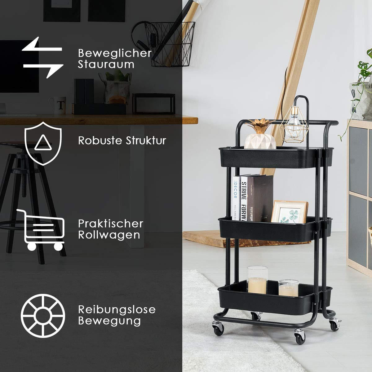 STORAGE TROLLEY Svart - Svart, Metall (42/87/35cm) - COSTWAY