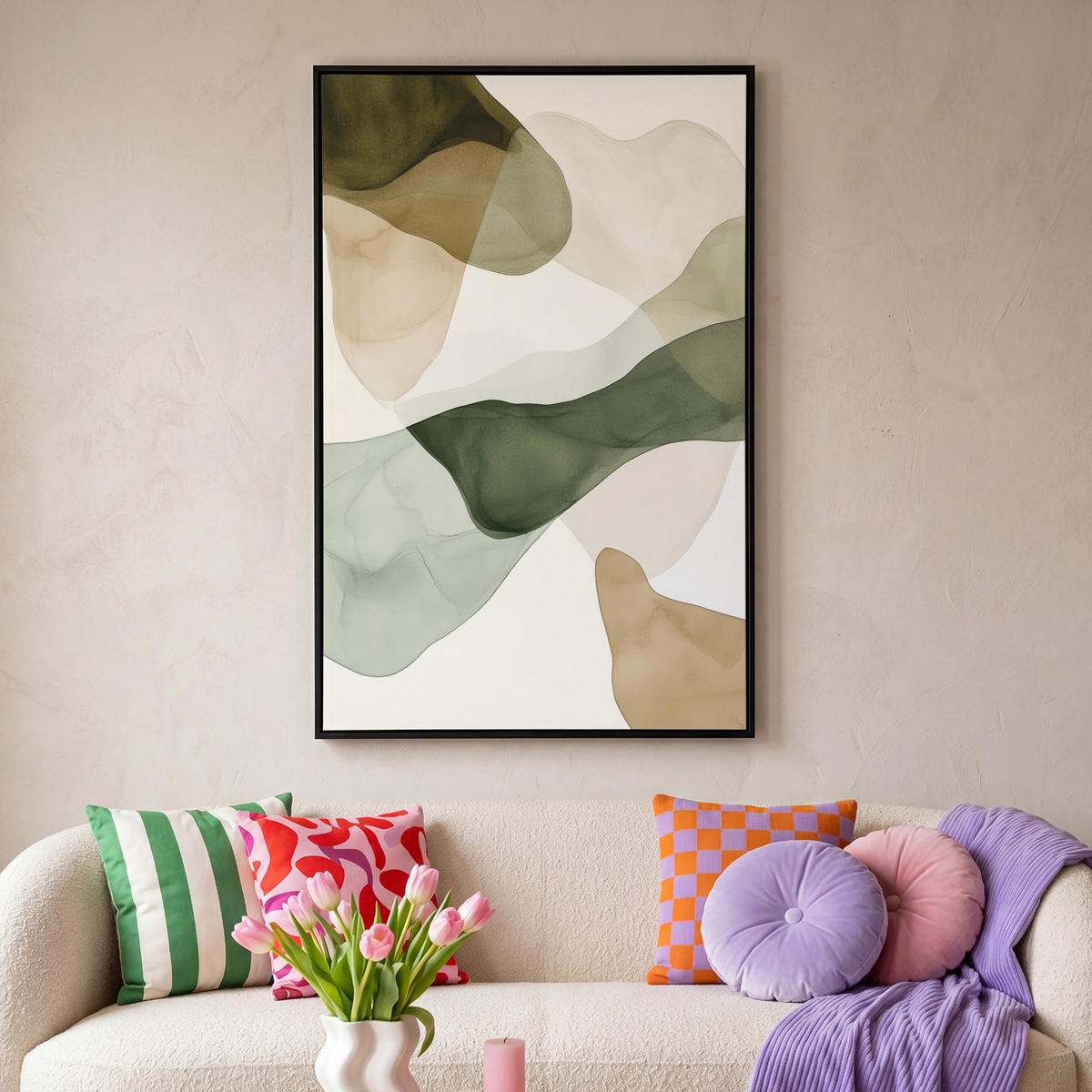 LEINWAND Bilder mit Rahmen - Japandi - Abstrakt - Grün - 80x120 - Salbeigrün, Textil (80/120cm) - MuchoWow